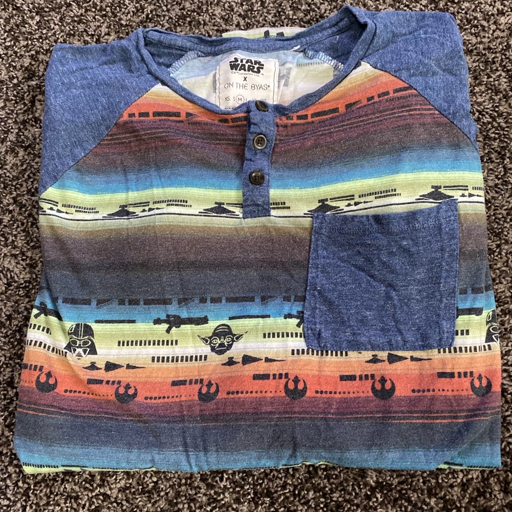 Star Wars tee with 3/4 inch sleeves and buttons